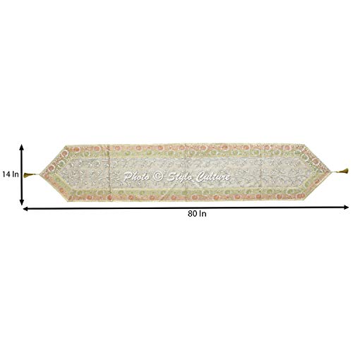 Image of Polyester Blend White & Gold Table Runner Coffee Table Mat 6 Feet Ari Zari Embroidered Rajasthani Brocade Satin Traditional Long Runner Up With Tassels Centre Tablecloth, Small