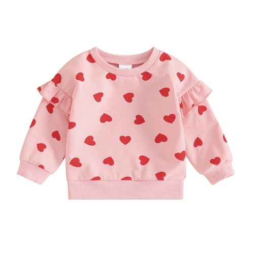 Lamuusaa Newborn Baby Girl Valentines Day Outfit Long Sleeve Ruffle Heart Sweatshirt Oversized Pullover Sweater 0-3T (Pink, 2-3 Years)