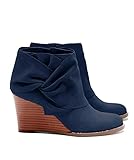 Fashare Womens Wedge Booties Ankle Heels Boots Bow Knot Stacked Heeled Winter Dress Shoes Navy