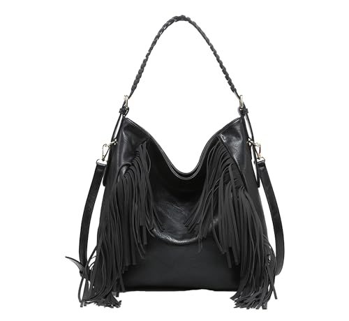 JEN & CO. Sav Distressed Hobo with Fringe Detail, Vegan Leather Crossbody Handbag Purse