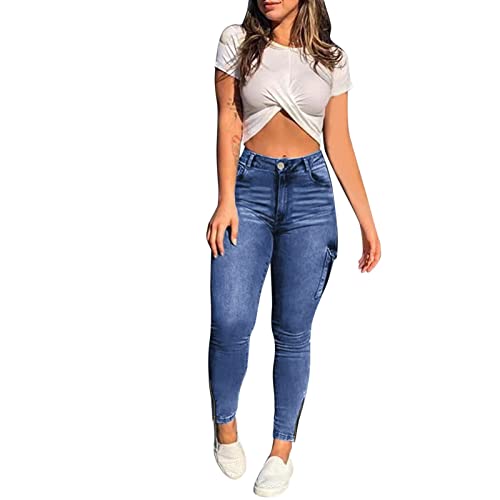 Jean skinny pour femme à taille moyenne avec poches fonctionnelles bleu M