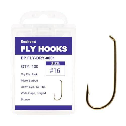 Eupheng Fly Fishing Hooks 100pc Pack Micro Barbed High Carbon Steel Bronze Forged for Dry Flies, Curved Nymphs, Shrimp,Caddis Pupa (#16, EP FLY-DRY-0001)