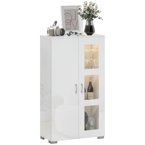 HOMCOM Vitrine Blanc avec LED 16 Couleurs et télécommande, Haute Brillance, Meuble Salon Moderne, Buffet pour Cuisine 71x35x126cm