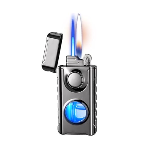 ダブルファイヤーライター 砥石フリント点火 直火で青い炎にストレート 防風ライター ブタン詰め替え可能 調整可能なジェットフレームライター LED ブルーライトパースペクティブトランサムライター 男性用と女性用 シガーライター (黒氷)
