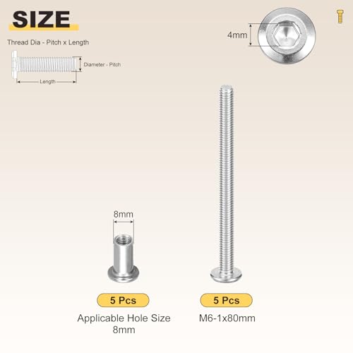 Image of METALLIXITY Crib Screws Replacement Set(M6-1x80mm) 10Pcs, Stainless Steel Connector Bolts M6 Screw Barrel Nuts Binding Screws, for Chair Cabinet Bed, Silver