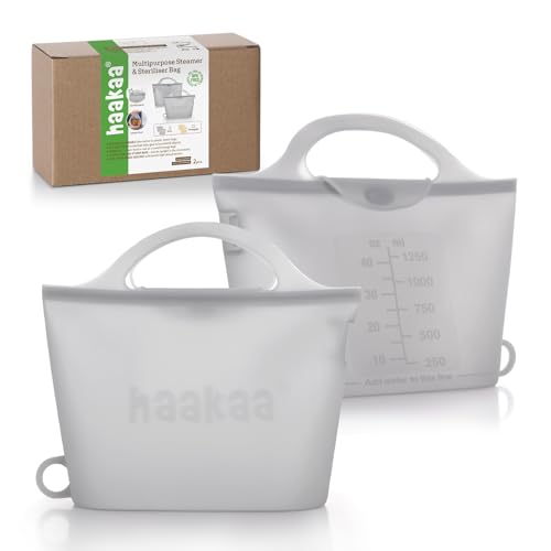 Image of Haakaa On-The-Go Silicone Microwave Steam Sterilizer Bags for Travel, 40oz/1250ml Reusable Silicone Steaming Bags for Baby Bottles, Breast Pump, Accessories, Pacifiers, Teethers, Grey/2PCS