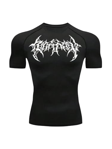 SOLY HUX Workout Compression Shirts for Men Gothic Graphic Tees Short Sleeve Athletic T Shirt Running Gym Tops Black Graphic Small
