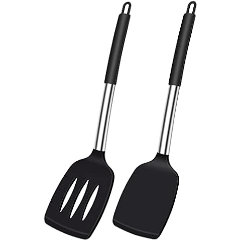 Silicone Spatula Turner, Heat Resistant Slotted Spatula Solid Turner for Cooking, BPA Free Large Black Silicone Spatula Kitchen Utensils for Baking Non Stick Cookware, Dishwasher Safe, 2 Pack Cover