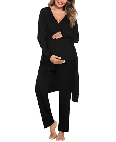 Image of SWOMOG Maternity Nursing Robe Set 3 Piece Postpartum Breastfeeding Pajamas 3 in 1 Hospital Labor Delivery Pregnancy Pjs