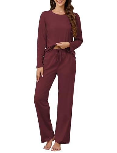 Image of KCW Womens Pajamas Sets 100% Cotton 2 Piece Lounge Set Long Sleeve Tops and Pants Soft Pjs Sleepwear with Pockets