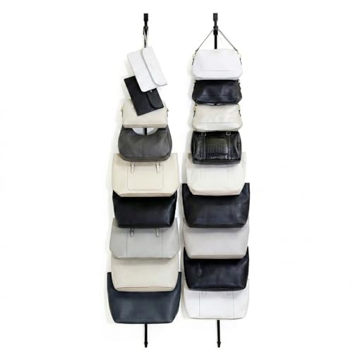Perfect Curve Handbag and Purse Organizer | Hold up to 18 Bags | Over The Door Organizer for Purses and Handbags | Adjustable Clips | 2 Straps | Black
