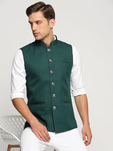 Image of SHOWOFFFF Men Solid Ethnic Nehru Jacket | Mandarin Collar Sleeveless Cotton NehruJacket for Mens | Slim Fit Regular Length NehruJackets for Men's
