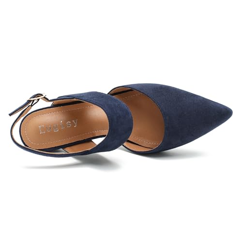 Women's Slingback Kitten Heel Pointed Toe Dress Pumps Ankle Strap Comfortable Elegant Dress Wedding Party Shoes Navy Blue 42-9.5US3