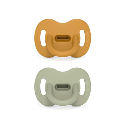 Image of Color Essence SX PRO Silicone Baby Pacifier 2Pk, Made with 100% Soft Silicone, Baby Essentials Perfect for Breastfeeding Babies, Designed in Spain, 0-6 Mths, Mustard/Green