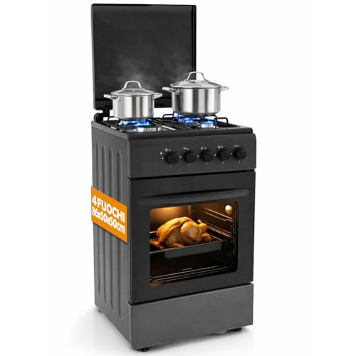 BAKAJI Cucina da Esterno Alimentazione a Gas con Forno e 4 Fuochi, Cucinino con Bruciatori e Griglie Rimovibili in Ghisa con Mobile e Accensione Ergonomica, Ideale per Esterni ed Interni (Nero)