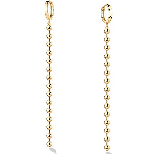 Mevecco Dainty Huggie Hoop Earrings With Disc Long Herringbone Chain Charm Dangle Earrings 18K Gold Filled Ball Bead Link Chain Hoop Ears Long Drap Personalized Huggies Earrings for Women