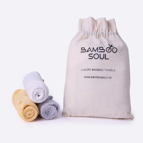Image of Bamboo Soul Bamboo Face Towel | Ultra Absorbent & Super Soft | 30 x 30 cm - 550 GSM | Pack of 3 (White, Light Grey, Yellow)