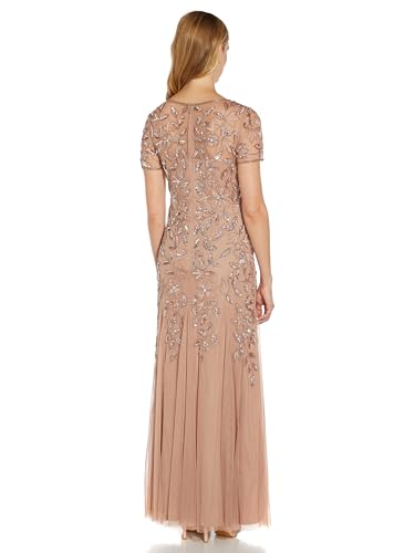 Image of Adrianna Papell Women's Beaded Gown with Godets - Floor Length Gown with Floral Embellishments & Cap Sleeves