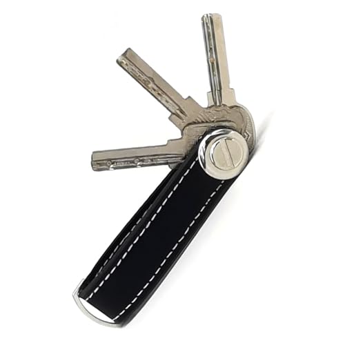 Bestac Compact Leather Key Holder with Secure Stainless Steel Locking Mechanism, Light and Durable Key Organizer (Black)