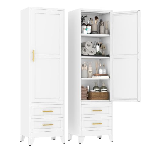 Image of Tall Narrow Pantry Cabinet for Kitchen, 67 inch H Metal Storage Cabinet with Drawers, Doors & 3 Adjustable Shelves for Dining Room, Living Room, Home Office, 20 inches Wide, White