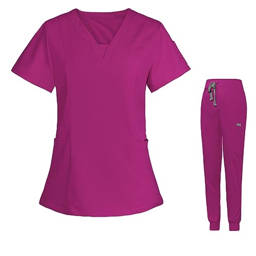 NUSGEAR Uniforme sanitario o Conjunto Sanitario Mujer Camiseta y Pantalones Enfermera Conjunto Casaca Tops de Mujer Uniforme Color Sólido
