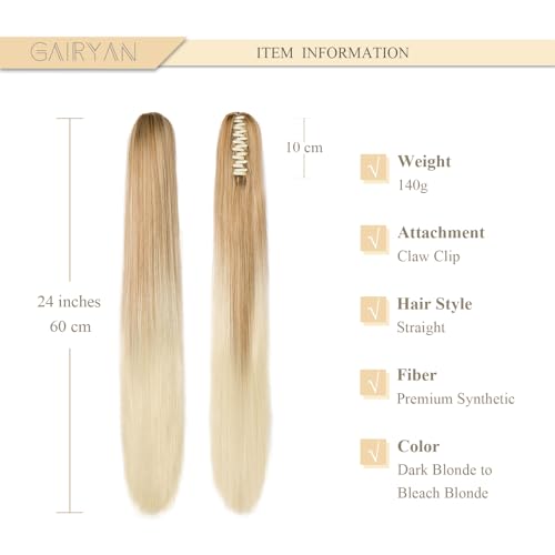 Gairyan Clip in Ponytail Hair Extensions 24 inch Ponytail Extension Long Straight Pony Tails Claw on Ponytail Synthetic Hairpieces for Women Soft Natural Look (Dark Blonde Ombre Bleach Blonde) - Image 2