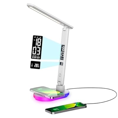 Morwealth LED Desk Lamp with 10W QI Wireless Charging, Flexo Table Lamp with 3 Colors and 5 Brightness Levels with Charging Function,USB,Clock,Temperature,LCD,Date,Touch Control. (White)