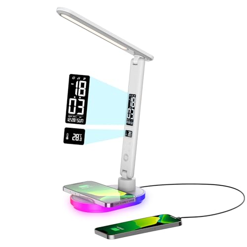 Lampe de Bureau LED avec Chargeur sans Fil 10W, Lampes de Table Dimmable tactile avec couleur et 5 niveaux de luminosité,lamp avec port USB,horloge,veilleuse couleur,LCD pour chambre,bureau (blanc)
