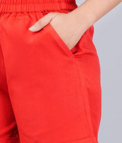 Image of Women's Cotton Regular Relaxed Fit Solid Print Design Thigh Length Casual Summer Running Yoga Gym Night Wear Shorts Elastic Waistband and Drawstring with Pocket