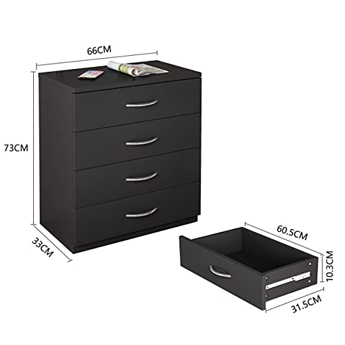 Kingwolfox Wood Simple MDF 4-Drawer Dresser, Modern Chest with Wide Storage Space Functional Organizer with Solid Wood Frame , Suitable for The Bedroom, Living Room, Kid’s Room (Black)