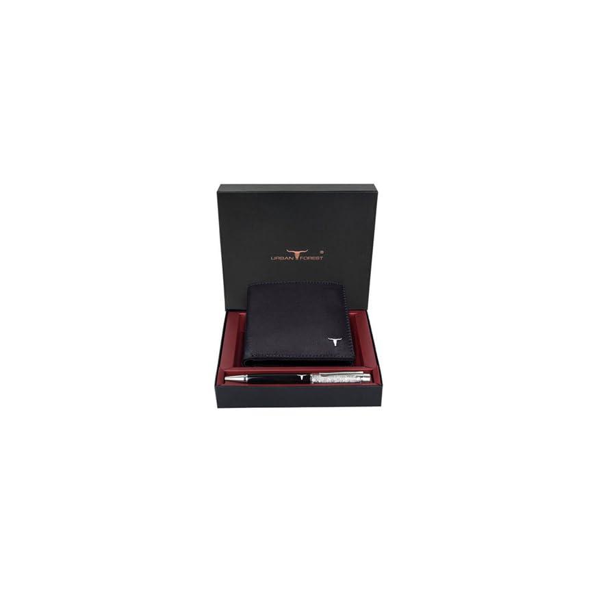 Image of URBAN FOREST Griffin Aniline Black Leather Wallet & Diamond Pen Combo Gift Set for Men