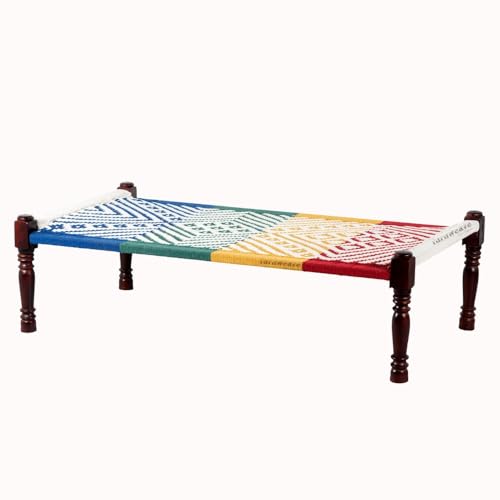 Image of Solid Sheesham Wood Charpai Khat | Handcrafted Daybed Khatiya Charpai with Cotton Rope | Traditional Khat Bed Wooden Diwan Cot for Living Room | 6X3 Feet | Colorful 0010 (White-Multi)