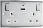 BG Electrical 22W Double Switched Wall Plug Socket with Fast Charge Type A & C USB Charging Ports, Nexus Metal, Brushed Steel, White Inserts, 13A, NBS22UAC22W