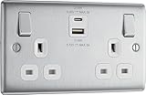 BG Electrical 22W Double Switched Wall Plug Socket with Fast Charge Type A & C USB Charging Ports, Nexus Metal, Brushed Steel, White Inserts, 13A, NBS22UAC22W