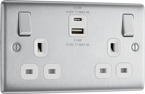 BG Electrical 22W Double Switched Wall Plug Socket with Fast Charge Type A & C USB Charging Ports, Nexus Metal, Brushed Steel, White Inserts, 13A, NBS22UAC22W