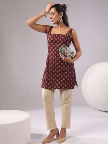 Image of Rimeline Women's Printed Cotton Sleeveless Square Neck Kurti Top | Straight Fit Ethnic Casual Tunic