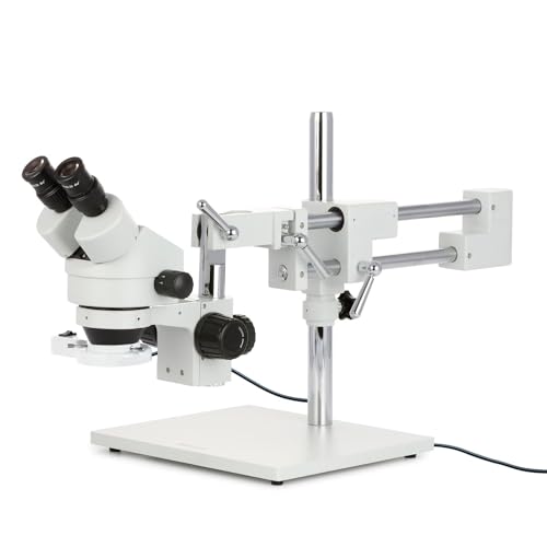 Image of AmScope SM-4BX-FRL Professional Binocular Stereo Zoom Microscope, WH10x Eyepieces, 3.5X-45X Magnification, 0.7X-4.5X Zoom Objective, 8W Fluorescent Ring Light, Double-Arm Boom Stand, 110V-120V, Includes 0.5x Barlow Lens