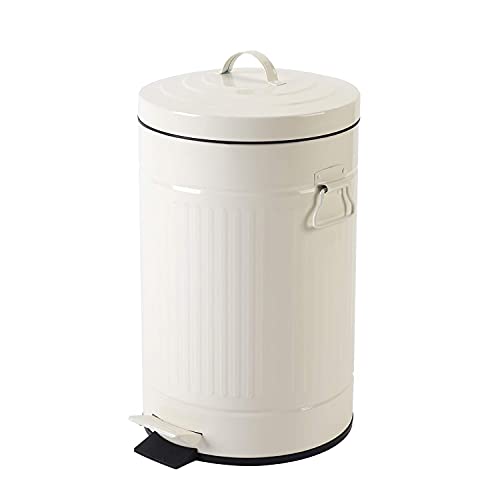 Image of White Trash Can with Lid, Bathroom Bedroom Waste Basket Soft Close, Small White Garbage Can, Retro Vintage Home Office Trash Can, 12 Liter /3 Gallon, Glossy Cream White