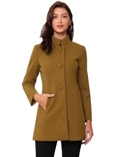 Manteau d'hiver mi-long anti-froid boutonné pour femme à col montant marron foncé
