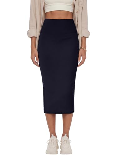 Image of Rooscier Women's High Waisted Pencil Midi Skirt | Stretchy Bodycon Knee Length Skirts with Back Slit