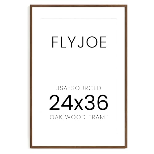 Image of FLYJOE 24x36 Oak Wood Picture Frame with Mat for 20x30, 24 by 36 USA-Sourced Natural Solid Wooden Poster Frame for Wall Display, Tempered Real Glass, Hanging Hardware Included, Walnut Color