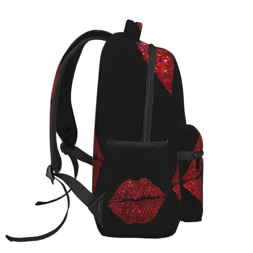 Red Glitter Lips Casual Backpack Travel Pack Bag Laptop Backpacks With Side Pockets Front Zipper Pockets Bookpack Daypack Picnic Rucksack Computer Bag3