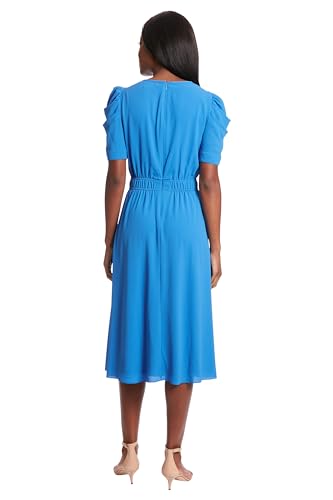 Image of London Times Women's Caterpillar Puff Sleeve Midi Dress - Gathered Waist A-Line Flowy Summer Dress