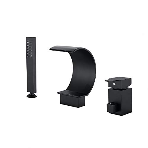 Shower Set Wasserfall Badewannenarmatur Deck Installation Zeitgenössisch Schwarz Wannenarmatur 3-Loch Einzelgriff Badewanne Armatur mit Handbrause Cover