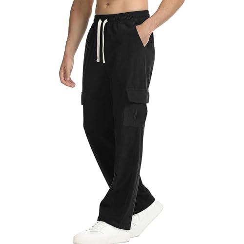 Mens Corduroy Casual Pants Fashion Wide Leg Cargo Pants Straight Sweatpants with Pockets Drawstring Elastic Waist3