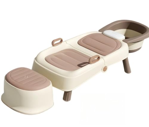 BRZU 折りたたみシャンプーチェア、子供用シャンプーチェア、折りたたみ式、省スペース、調節可能、安全、滑り止め、耐荷重80kg、男の子と女の子、介護者、高齢者、子供、家庭用に適しています (ハードクッションフルセット,コーヒー色)