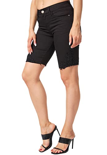 MiSS RJ Pantalones Cortos de Mezclilla de Cintura Alta para Mujer Shorts de Bermudas elásticos con Encaje hasta el Muslo, Color:Negro, Talla:34