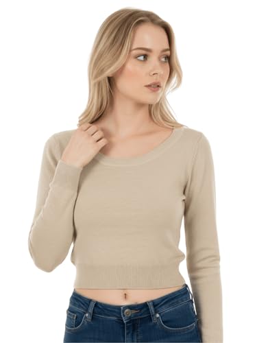 Image of Women's Crop Top Stretch Sweater - Long Sleeve Slim Bodycon Crewneck Casual Basic Solid Cropped Knit Pullover Top