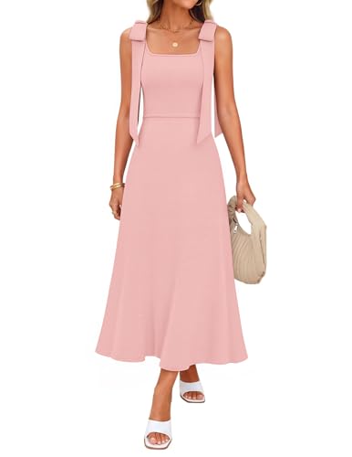 ZESICA Womens Summer Casual Sweater Midi Dress 2026 Sleeveless Square Neck Bow Straps Knit A Line Vacation Long Dresses Pink X-Large