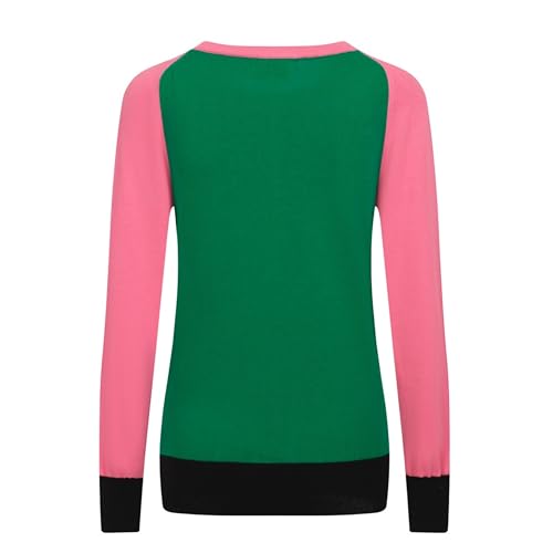 OXKnit Women's Knitted Long Sleeve T-Shirts, 1960s Mod Style Retro Pink Green Casual Cotton Tops2